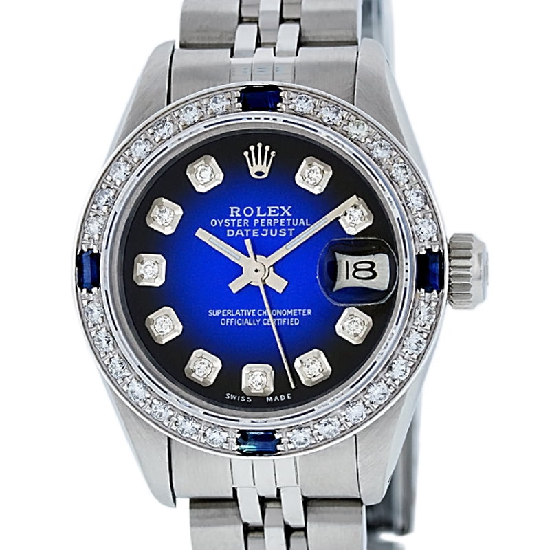 Pre,Owned Rolex Ladies Datejust Steel and 18K White Gold Blue Vignette Diamond and Sapphire Watch Jubilee Quickset